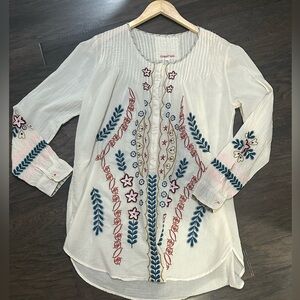 Johnny Was 3J Workshop Cotton Floral Embroidered Long Sleeve Blouse Size M
